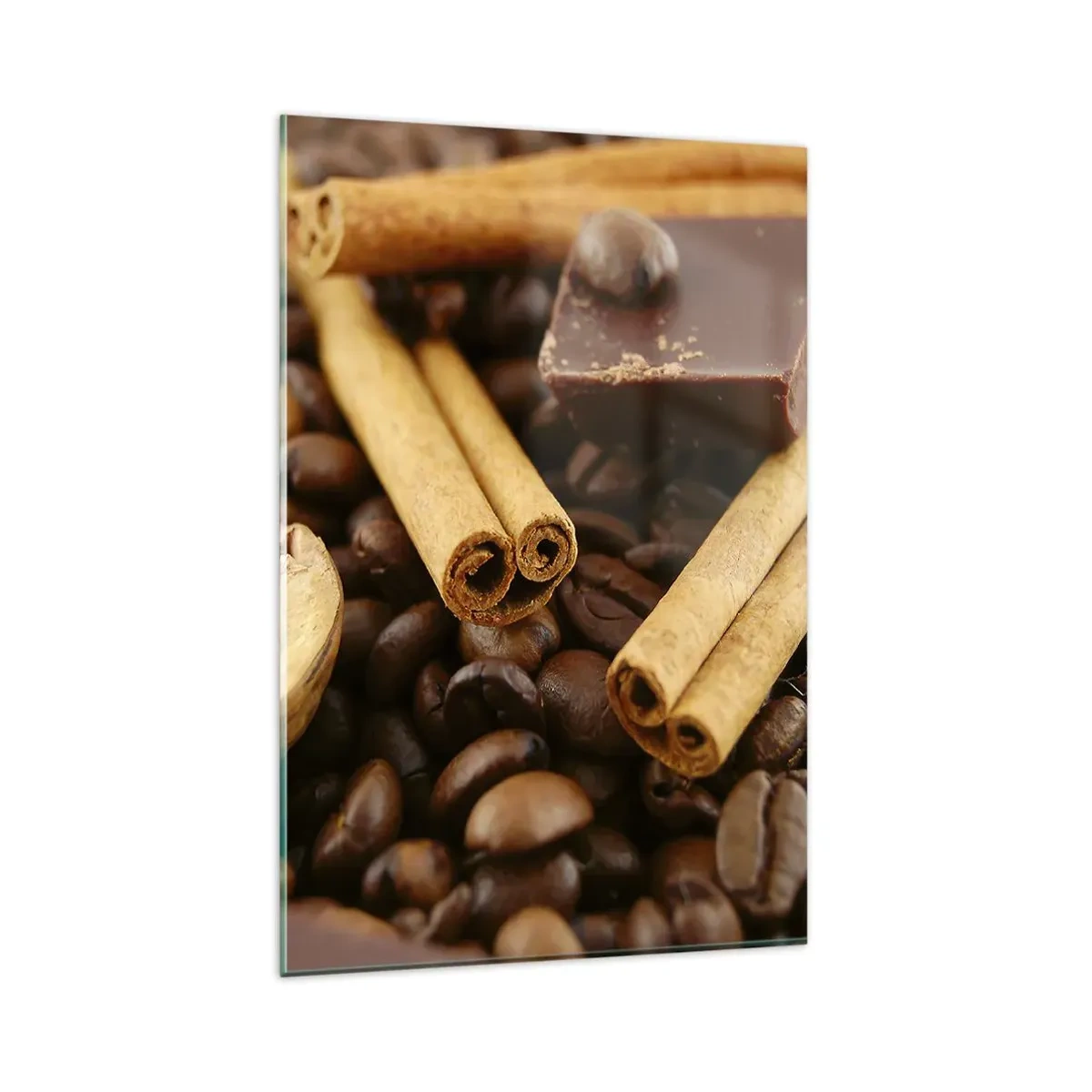 Cuadro sobre vidrio - Impresiones sobre Vidrio - Granos de café con ramas de canela, chocolate y nueces. - 80x120cm - Concierto de aromas - Decoración de pared moderna para salón y dormitorio ARTTOR