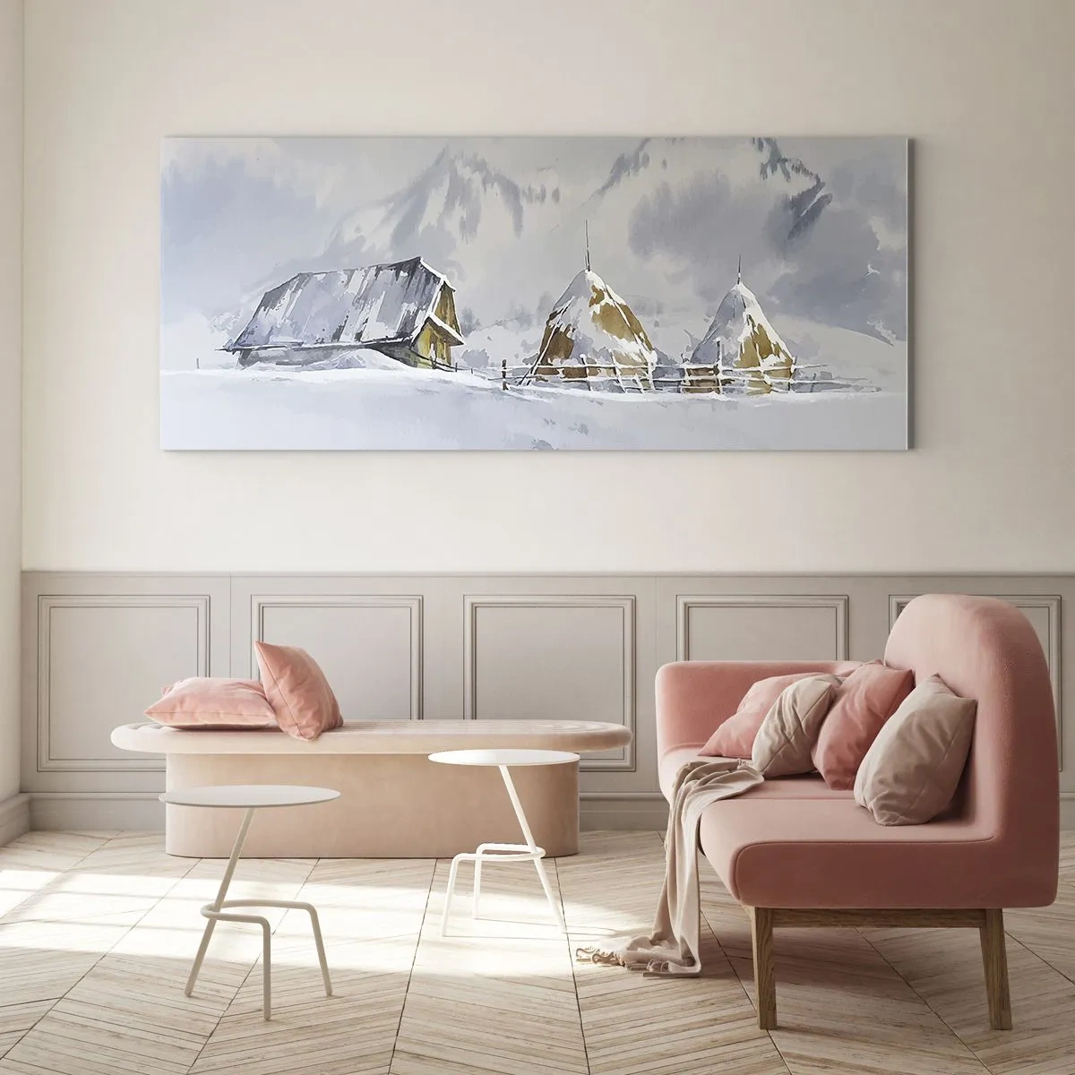 Cuadro sobre vidrio - Impresiones sobre Vidrio - Paisaje invernal con una cabaña y pajares en las montañas - 140x50cm - En un valle nevado - Decoración de pared moderna para salón y dormitorio ARTTOR