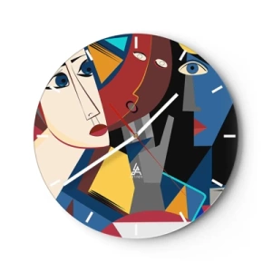 Reloj de pared - Reloj de vidrio - Rostros cubistas en colores vibrantes en una composición geométrica. - 30x30cm - Conversación cubista - Decoración de pared moderna para salón, cocina y dormitorio ARTTOR
