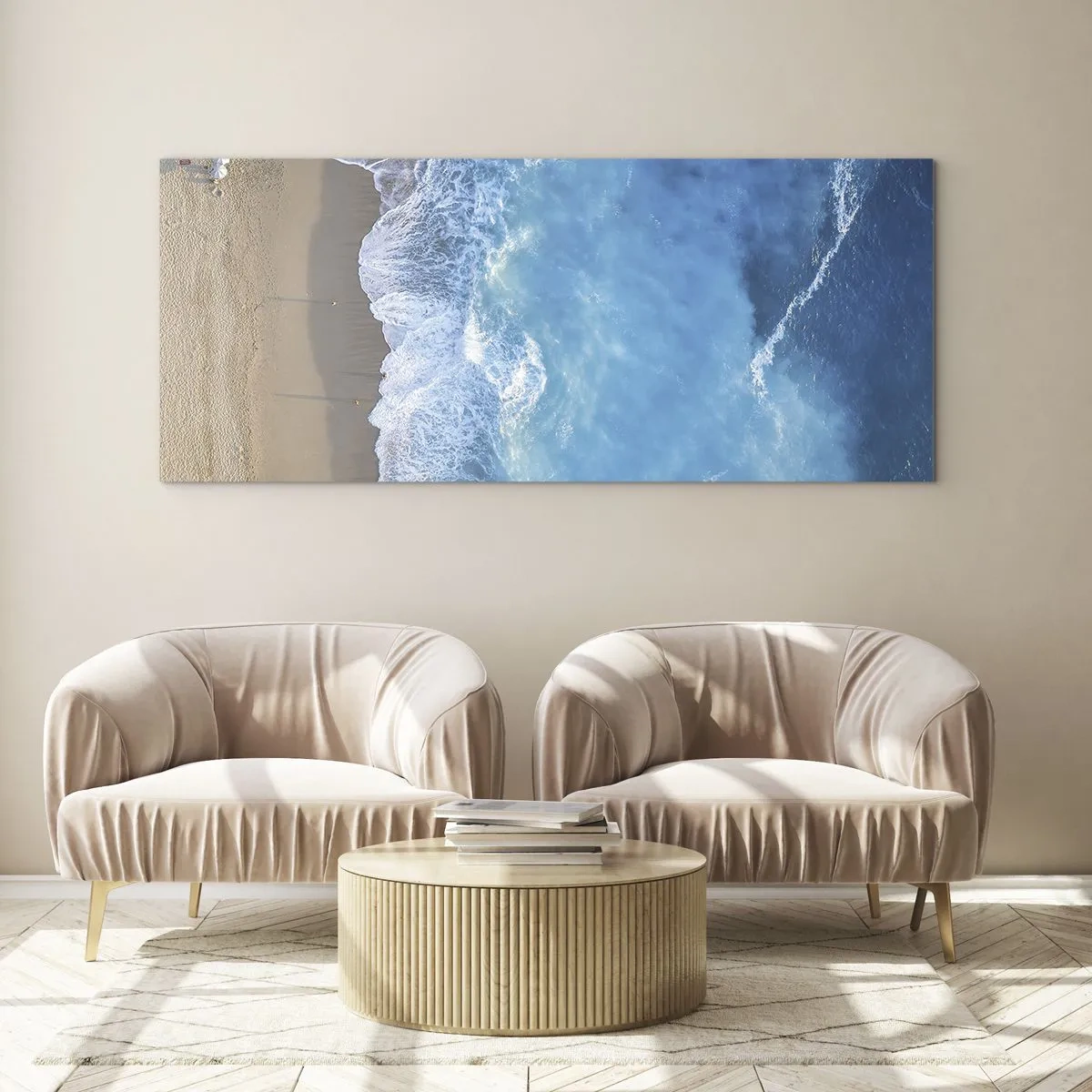 Cuadro sobre vidrio - Impresiones sobre Vidrio - Una vista de pájaro de la playa y las olas del mar. - 140x50cm - El poder del azul - Decoración de pared moderna para salón y dormitorio ARTTOR