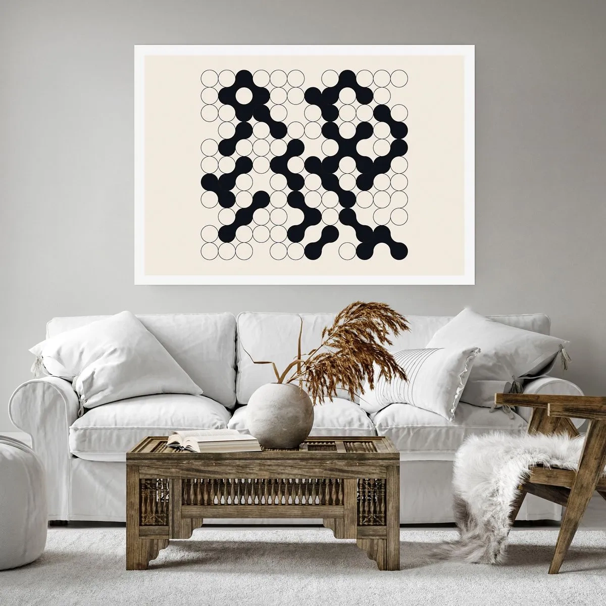 Póster - Patrones en blanco y negro con círculos sobre un fondo claro. - 100x70cm - Juego chino - una variación - Decoración de pared moderna para salón y dormitorio ARTTOR