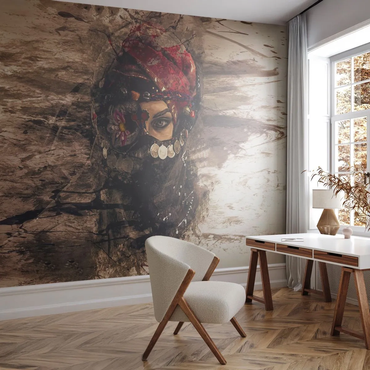 Fotomural Premium Sand - Mujer misteriosa con traje oriental - 100x70cm - Inquietante, como mínimo - Decoración de pared moderna para salón y dormitorio ARTTOR