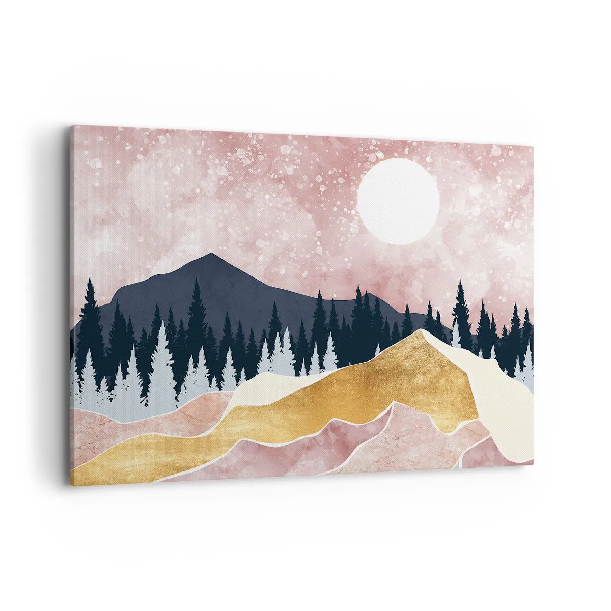 Cuadro sobre lienzo - Impresión de Imagen - Montañas coloridas contra un cielo rosado con una luna - 100x70cm - Vigilancia nocturna - Decoración de pared moderna para salón y dormitorio ARTTOR