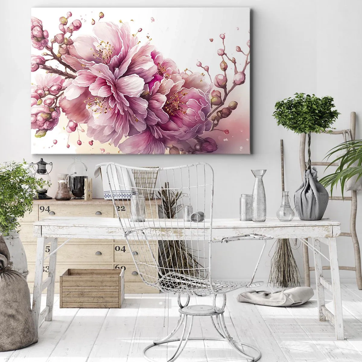 Cuadro sobre lienzo - Impresión de Imagen - Delicadas flores de cerezo en plena floración sobre un fondo claro. - 70x50cm - Flor de cerezo - Decoración de pared moderna para salón y dormitorio ARTTOR