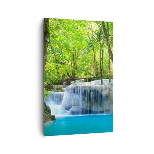 Cuadro sobre lienzo - Impresión de Imagen - Una cascada entre árboles verdes con agua azul en un entorno natural. - 80x120cm - Ahogarse en turquesa y verde - Decoración de pared moderna para salón y dormitorio ARTTOR