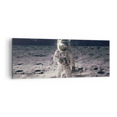 Cuadro sobre lienzo - Impresión de Imagen - Astronauta en la superficie de la Luna con la Tierra al fondo - 140x50cm - Saludos desde la Luna - Decoración de pared moderna para salón y dormitorio ARTTOR