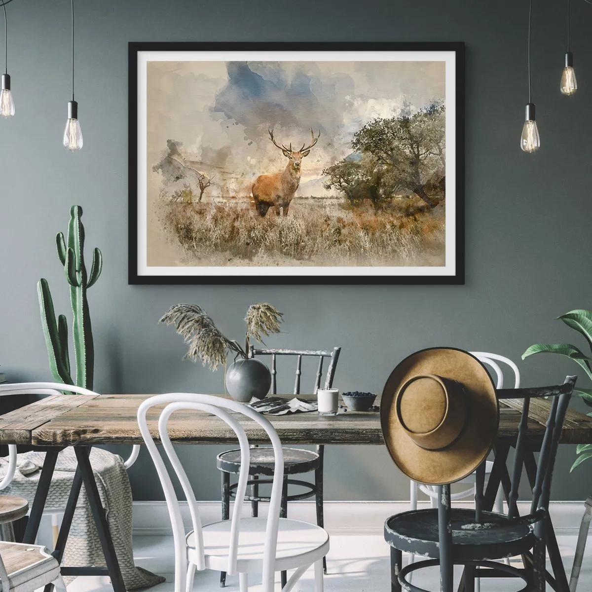 Póster en marco negro - Un ciervo en un entorno natural en estilo acuarela. - 100x70cm - Dignidad - fuerza - encanto - Decoración de pared moderna para salón y dormitorio ARTTOR