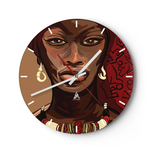 Reloj de pared - Reloj de vidrio - Retrato de una mujer en estilo africano con acentos rojos. - 30x30cm - Venus de ébano - Decoración de pared moderna para salón, cocina y dormitorio ARTTOR