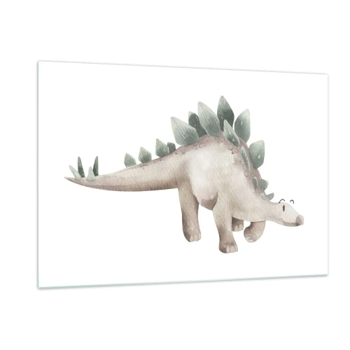 Cuadro sobre vidrio - Impresiones sobre Vidrio - Un lindo dinosaurio en colores pastel sobre un fondo blanco. - 120x80cm - Un amigo de otro tiempo - Decoración de pared moderna para salón y dormitorio ARTTOR