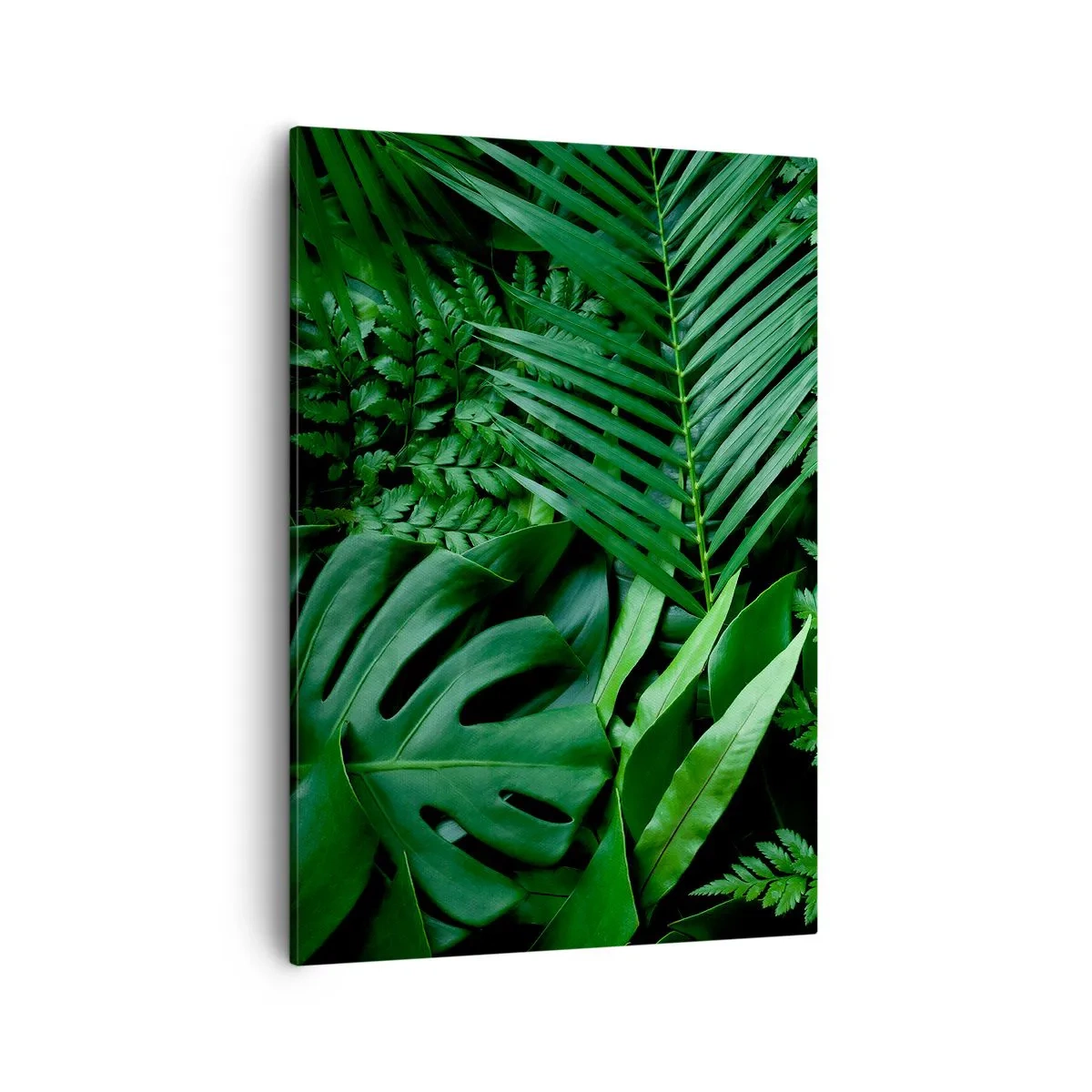Cuadro sobre lienzo - Impresión de Imagen - Hojas tropicales verdes en una composición densa y natural. - 50x70cm - Abrazo verde - Decoración de pared moderna para salón y dormitorio ARTTOR