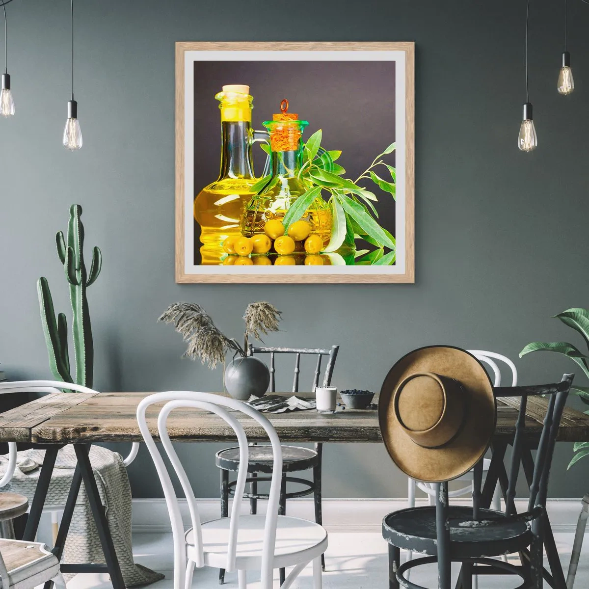 Póster en marco roble claro - Bodegón con aceitunas y aceite - 40x40 cm