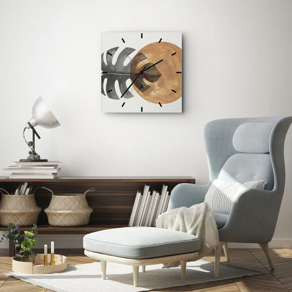 Reloj de pared - Reloj de vidrio - Hoja de monstera y círculo dorado sobre un fondo claro - 30x30cm - Siempre el sol - Decoración de pared moderna para salón y dormitorio ARTTOR