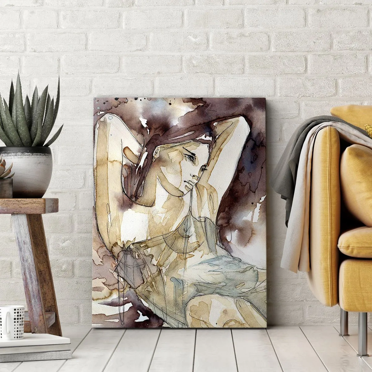 Cuadro sobre lienzo - Impresión de Imagen - Mujer en estilo artístico de acuarela con fondo marrón - 50x70cm - En un estado de ánimo armónico - Decoración de pared moderna para salón y dormitorio ARTTOR
