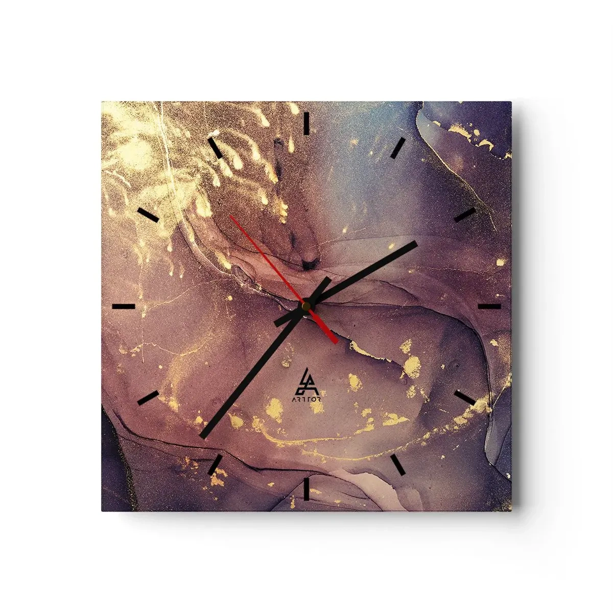 Reloj de pared - Reloj de vidrio - Composición abstracta con tonos dorados y morados. - 30x30cm - Materia y espíritu - Decoración de pared moderna para salón y dormitorio ARTTOR