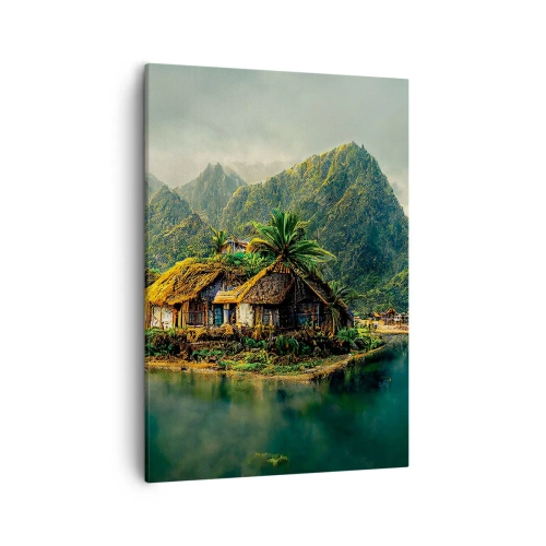 Cuadro sobre lienzo - Impresión de Imagen - Una isla tropical con palmeras y montañas al fondo. - 50x70cm - Paraíso tropical - Decoración de pared moderna para salón y dormitorio ARTTOR