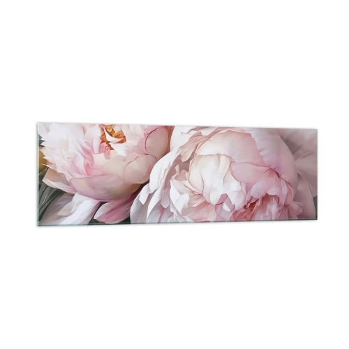 Cuadro sobre vidrio - Impresiones sobre Vidrio - Delicadas peonías rosas en plena floración. - 160x50cm - En flor - Decoración de pared moderna para salón y dormitorio ARTTOR
