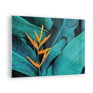 Cuadro sobre vidrio - Impresiones sobre Vidrio - Una flor exótica sobre un fondo de grandes hojas verdes. - 70x50cm - Flor del Edén - Decoración de pared moderna para salón y dormitorio ARTTOR