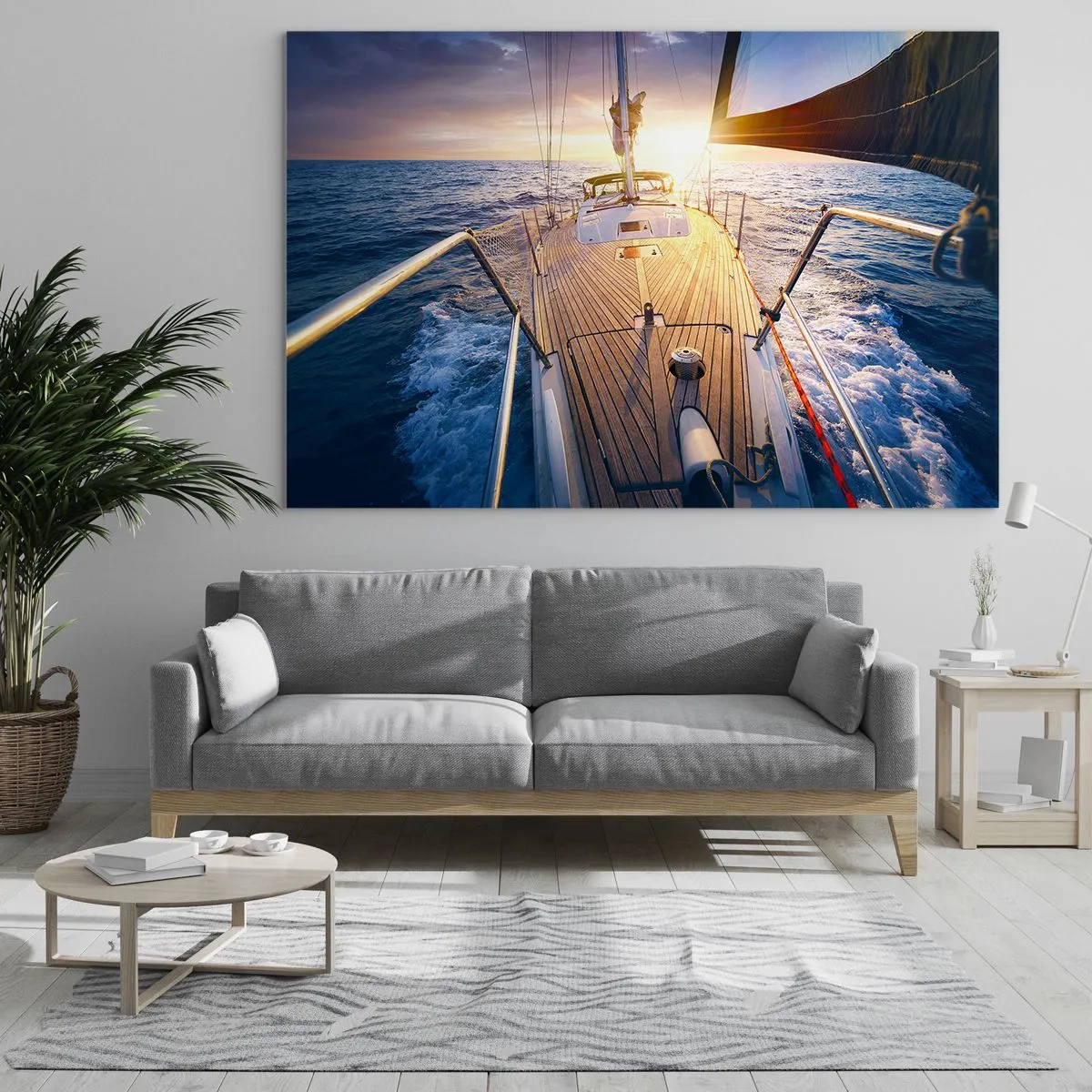 Cuadro sobre vidrio - Impresiones sobre Vidrio - La cubierta de un velero con el sol poniente y las olas del mar como telón de fondo. - 100x70cm - Corriendo sobre las olas - Decoración de pared moderna para salón y dormitorio ARTTOR
