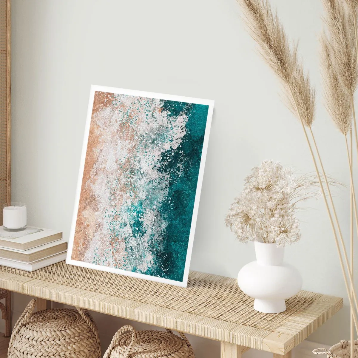 Póster - Ola marina abstracta en tonos turquesa y beige - 50x70cm - Historias del mar - Decoración de pared moderna para salón y dormitorio ARTTOR