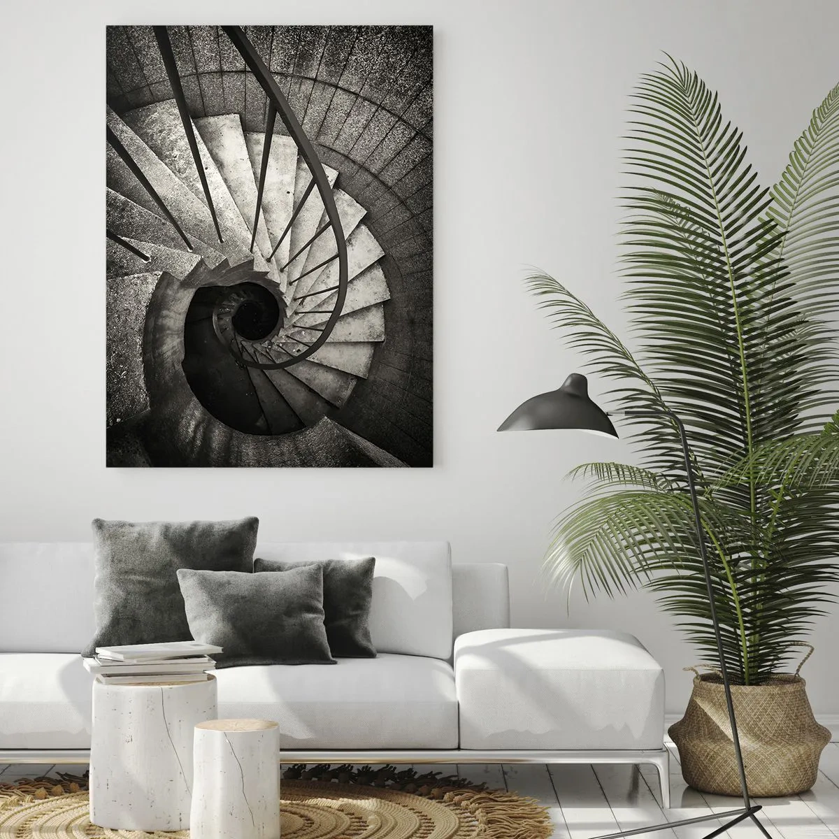 Cuadro sobre vidrio - Impresiones sobre Vidrio - Escalera de caracol en blanco y negro de estilo moderno. - 80x120cm - Escaleras arriba, escaleras abajo - Decoración de pared moderna para salón y dormitorio ARTTOR