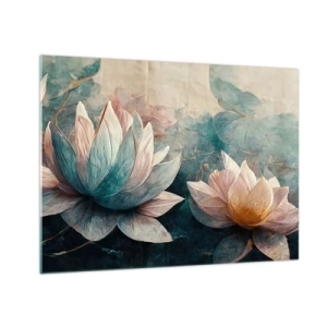 Cuadro sobre vidrio - Impresiones sobre Vidrio - Representación artística de flores de loto sobre un fondo de hojas de agua. - 70x50cm - Estrellas de lago - Decoración de pared moderna para salón y dormitorio ARTTOR