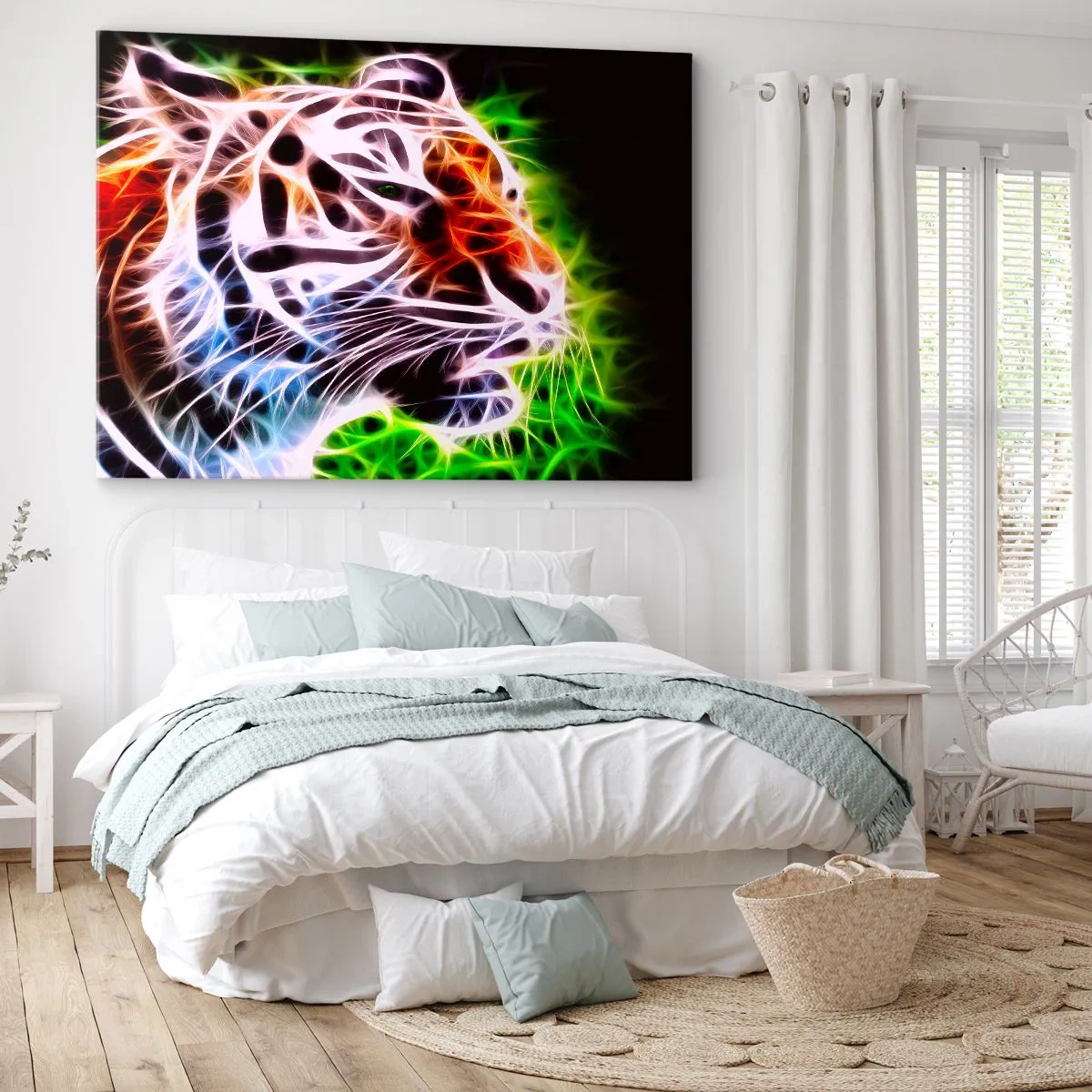Cuadro sobre lienzo - Impresión de Imagen - Retrato artístico colorido de un tigre en estilo neón sobre fondo negro. - 100x70cm - Un aura amenazante - Decoración de pared moderna para salón y dormitorio ARTTOR