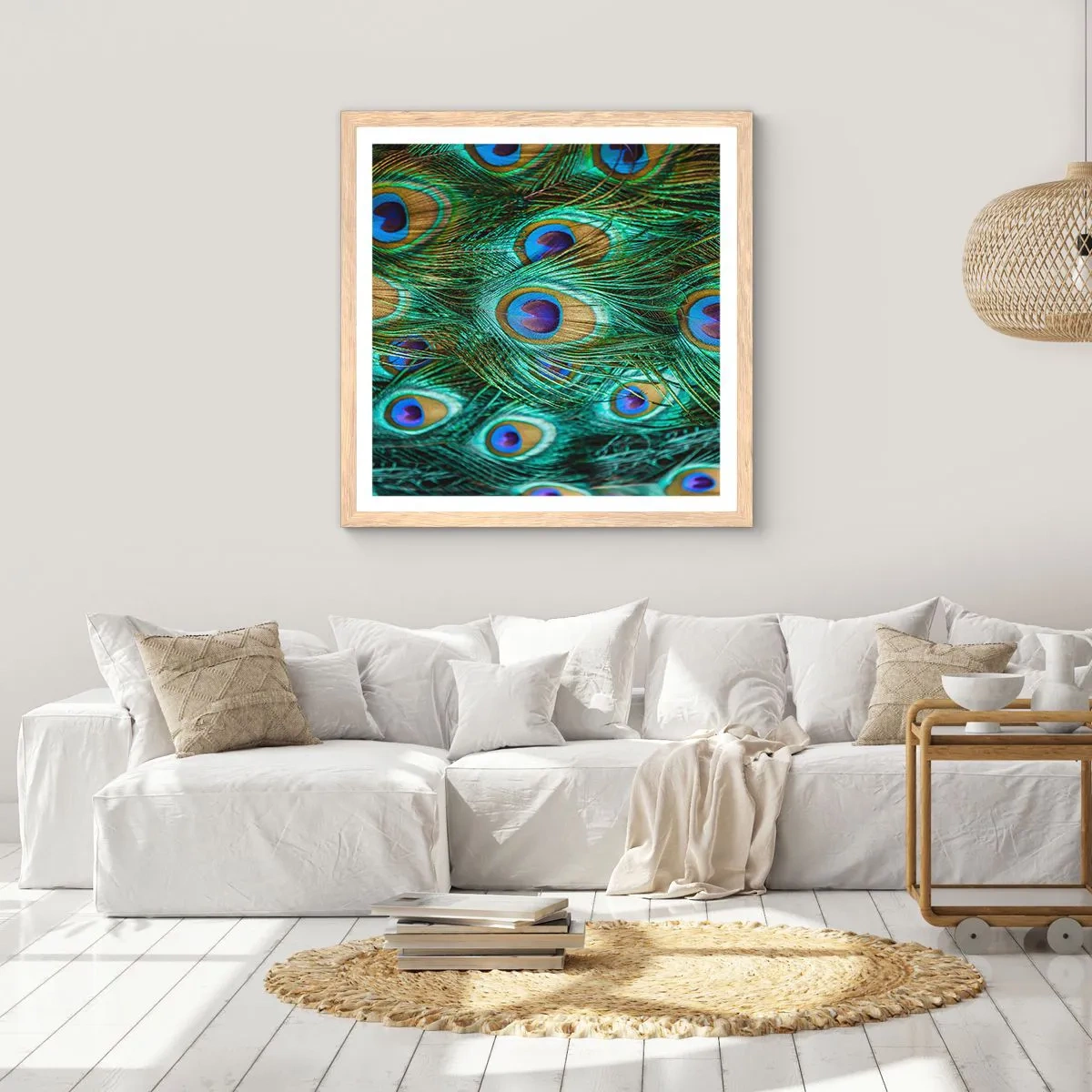 Póster en marco roble claro - Mirada de pavo real - 50x50 cm