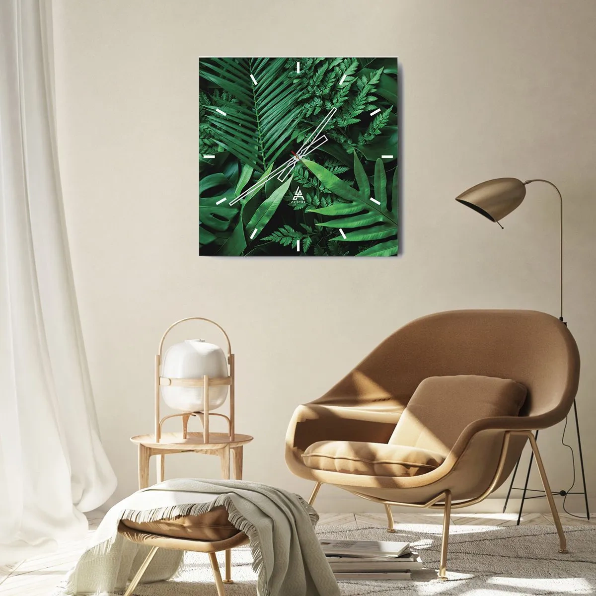 Reloj de pared - Reloj de vidrio - Hojas tropicales verdes en una composición densa y natural. - 30x30cm - Abrazo verde - Decoración de pared moderna para salón y dormitorio ARTTOR