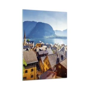 Cuadro sobre vidrio - Impresiones sobre Vidrio - Un pintoresco pueblo a orillas de un lago rodeado de montañas. - 50x70cm - No podría ser más pintoresco - Decoración de pared moderna para salón y dormitorio ARTTOR