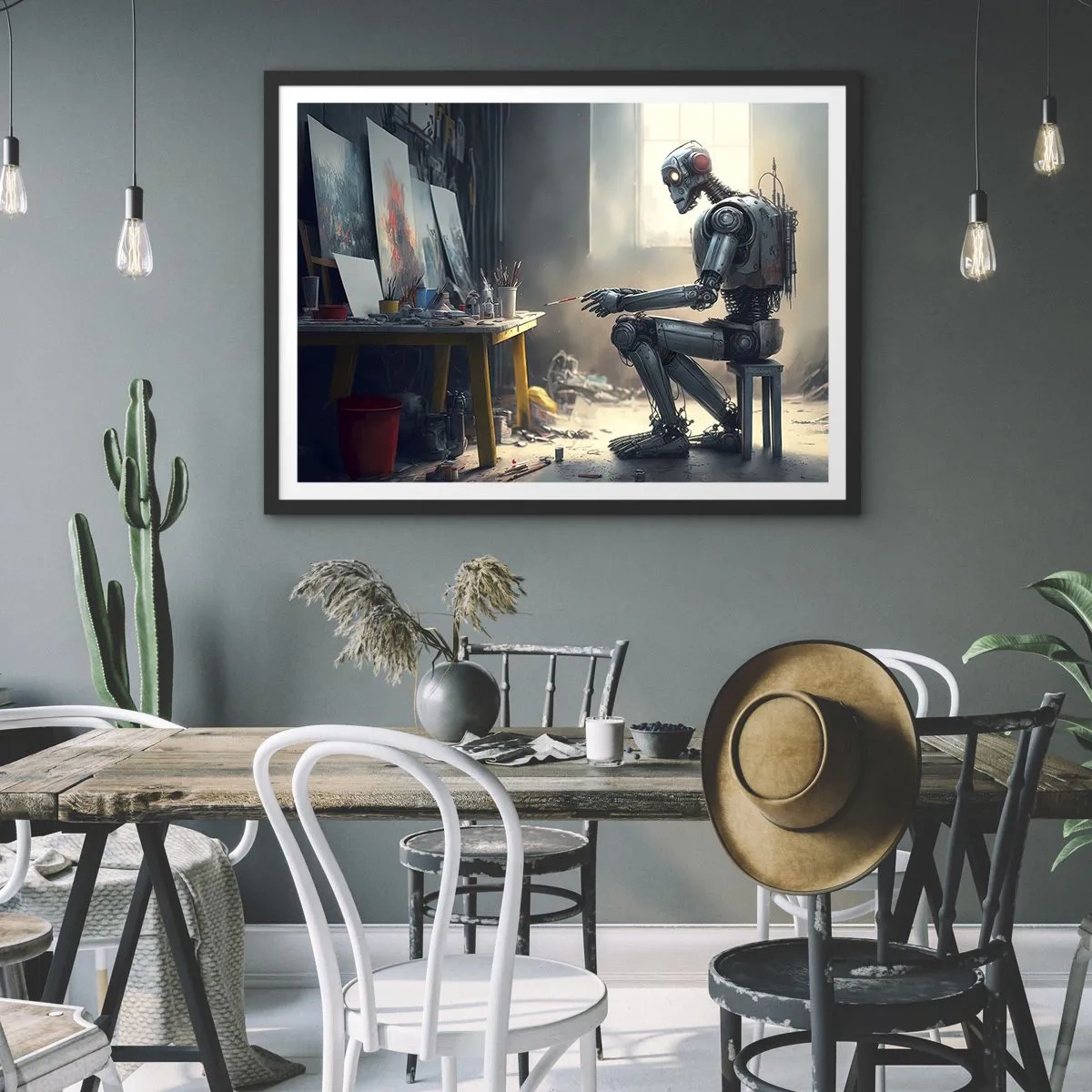 Póster en marco negro - Un robot pintando un cuadro en un estudio de arte. - 70x50cm - El acto de creación - Decoración de pared moderna para salón y dormitorio ARTTOR