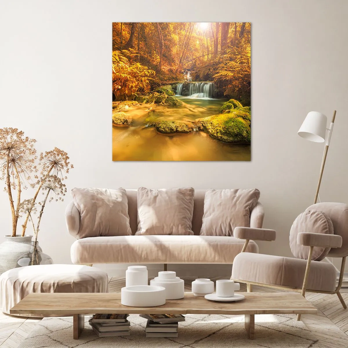 Cuadro sobre lienzo - Impresión de Imagen - Cascada forestal en oro - 50x50 cm