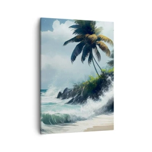 Cuadro sobre lienzo - Impresión de Imagen - Costa tropical con palmeras y mar agitado. - 50x70cm - En una costa tropical - Decoración de pared moderna para salón y dormitorio ARTTOR