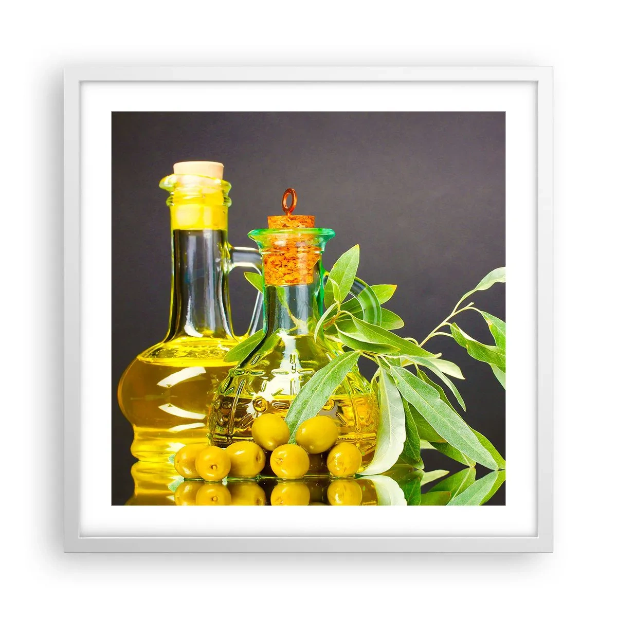 Póster en marco blanco - Bodegón con aceitunas y aceite - 50x50 cm