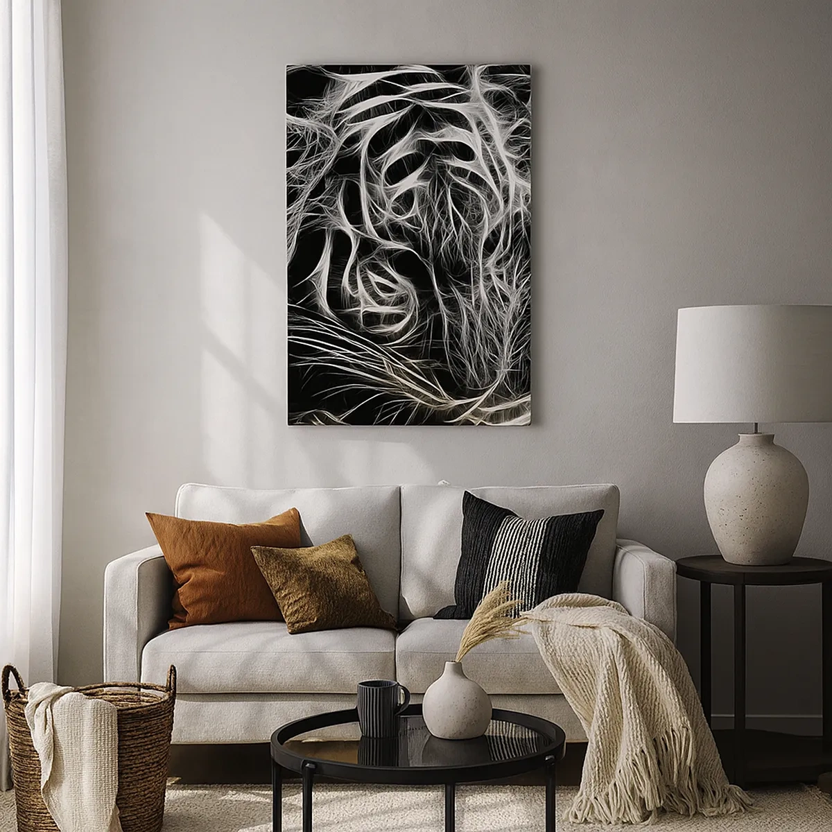 Cuadro sobre lienzo - Impresión de Imagen - Un patrón abstracto que representa la silueta de un gato sobre un fondo negro. - 50x70cm - Un estudio sobre la ligereza felina - Decoración de pared moderna para salón y dormitorio ARTTOR