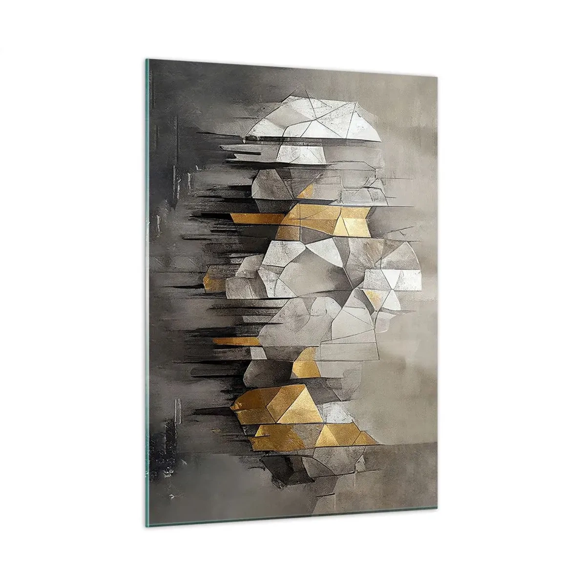 Cuadro sobre vidrio - Impresiones sobre Vidrio - Formas abstractas en tonos de gris, blanco y dorado. - 50x70cm - Composición hecha de hielo y luz - Decoración de pared moderna para salón y dormitorio ARTTOR