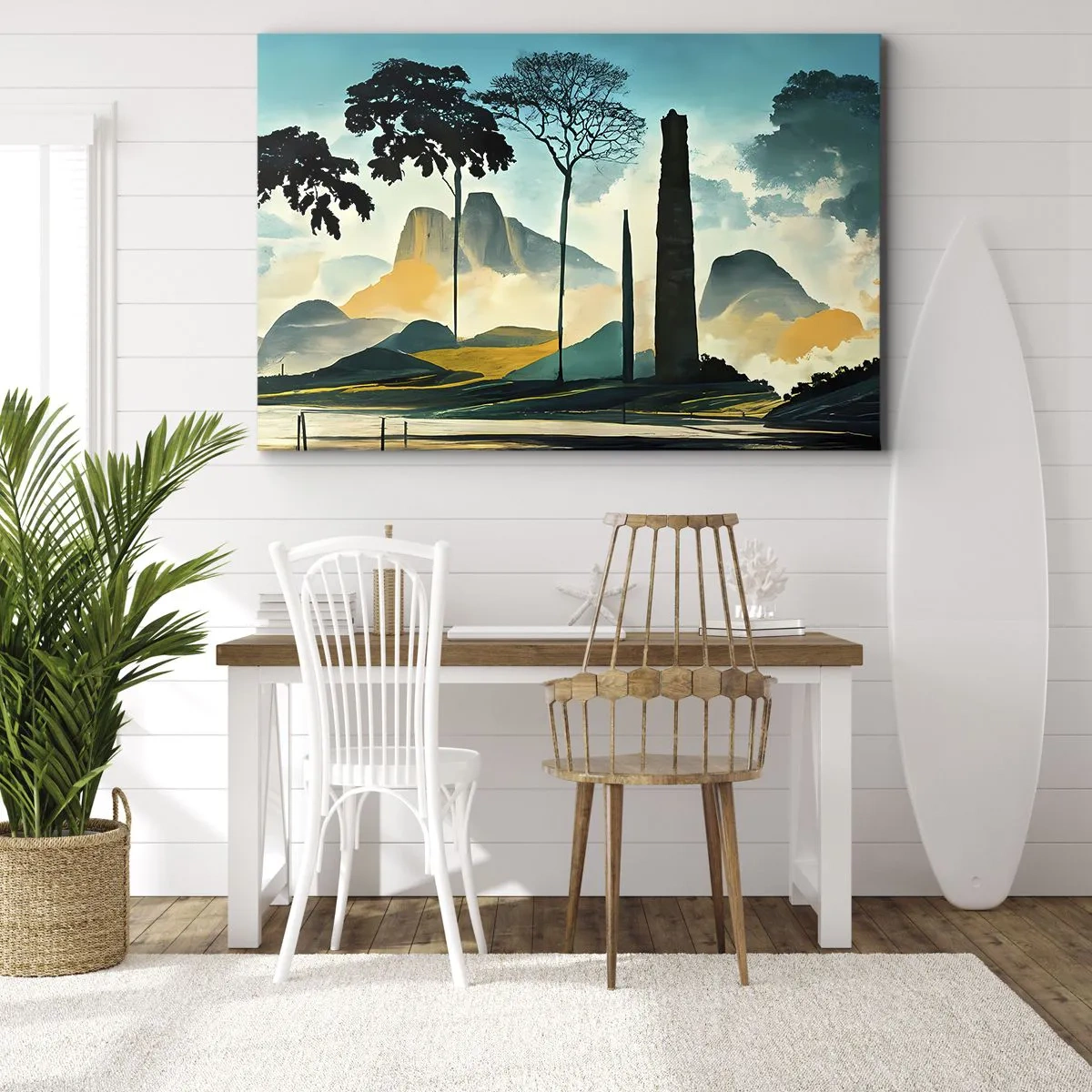 Cuadro sobre lienzo - Impresión de Imagen - Un paisaje pintoresco con árboles y montañas al fondo. - 70x50cm - Cada vez a más altitud - Decoración de pared moderna para salón y dormitorio ARTTOR