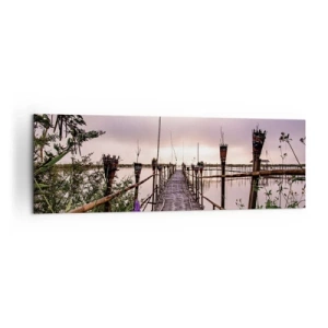 Cuadro sobre lienzo - Impresión de Imagen - Puente de bambú sobre el agua al amanecer - 160x50cm - La tranquilidad de Asia - Decoración de pared moderna para salón y dormitorio ARTTOR