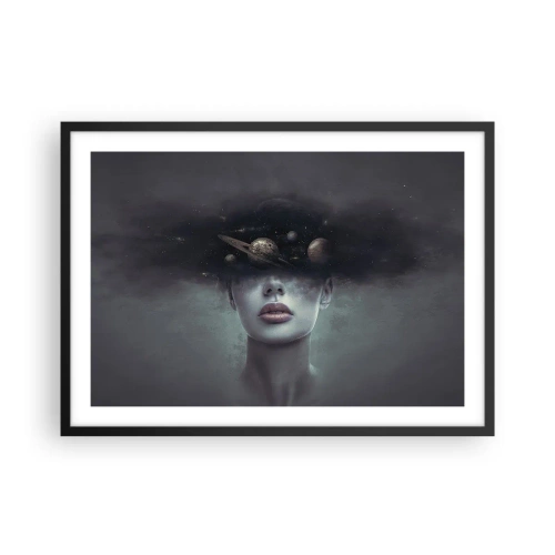 Póster en marco negro - Un rostro de mujer con un motivo de planeta y espacio en el fondo. - 70x50cm - Y los planetas sienten... - Decoración de pared moderna para salón y dormitorio ARTTOR