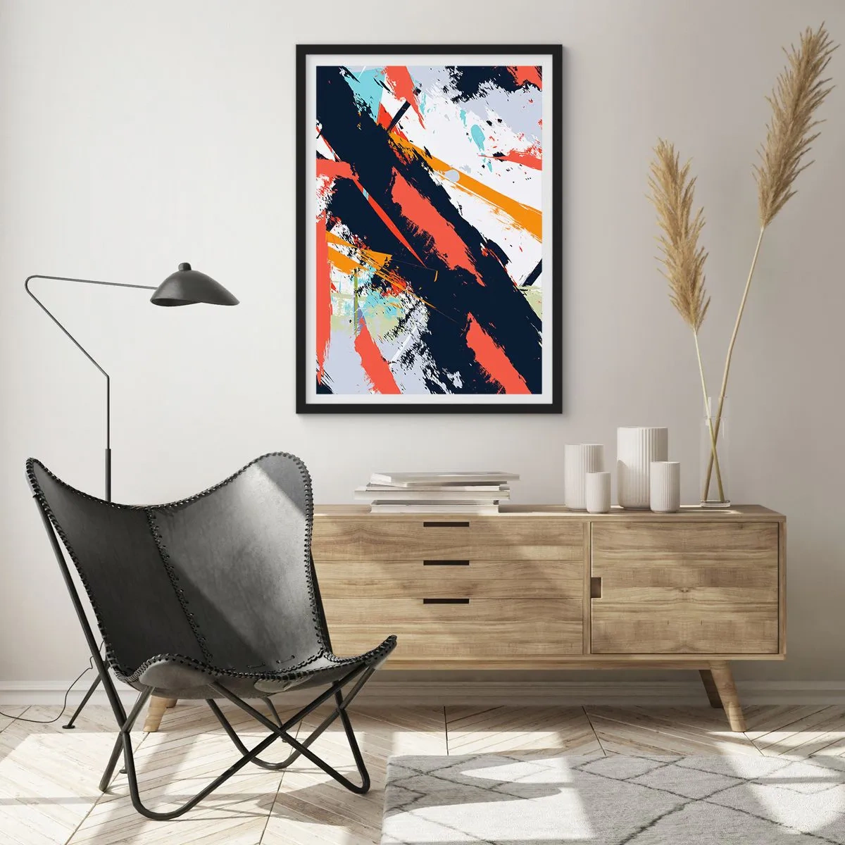 Póster en marco negro - Composición abstracta con pinceladas dinámicas. - 50x70cm - Composición dinámica - Decoración de pared moderna para salón y dormitorio ARTTOR