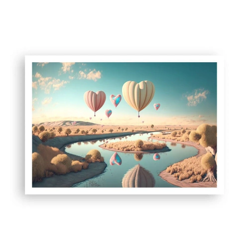 Póster - Globos en forma de corazón flotando sobre el paisaje. - 100x70cm - El amor te hace volar - Decoración de pared moderna para salón y dormitorio ARTTOR
