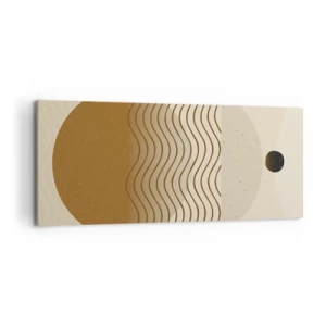 Cuadro sobre lienzo - Impresión de Imagen - Abstracción geométrica con círculos y líneas onduladas en colores cálidos. - 120x50cm - Sobre el origen de las figuras geométricas - Decoración de pared moderna para salón y dormitorio ARTTOR