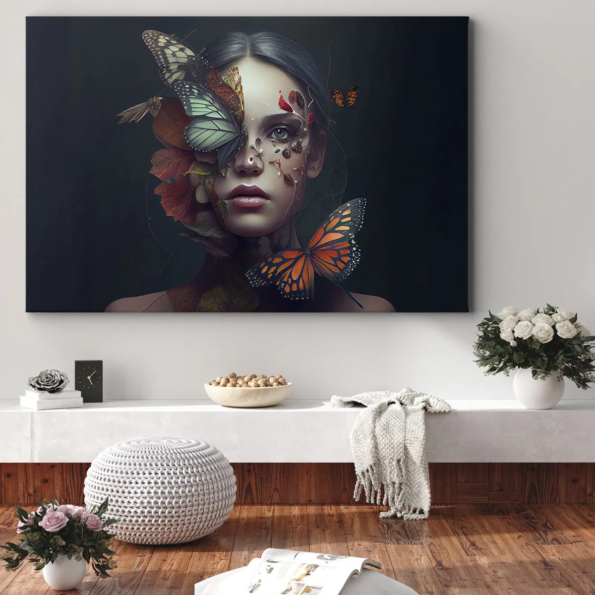 Cuadro sobre lienzo - Impresión de Imagen - Retrato de una mujer con mariposas y elementos vegetales. - 70x50cm - Una metamorfosis maravillosa - Decoración de pared moderna para salón y dormitorio ARTTOR
