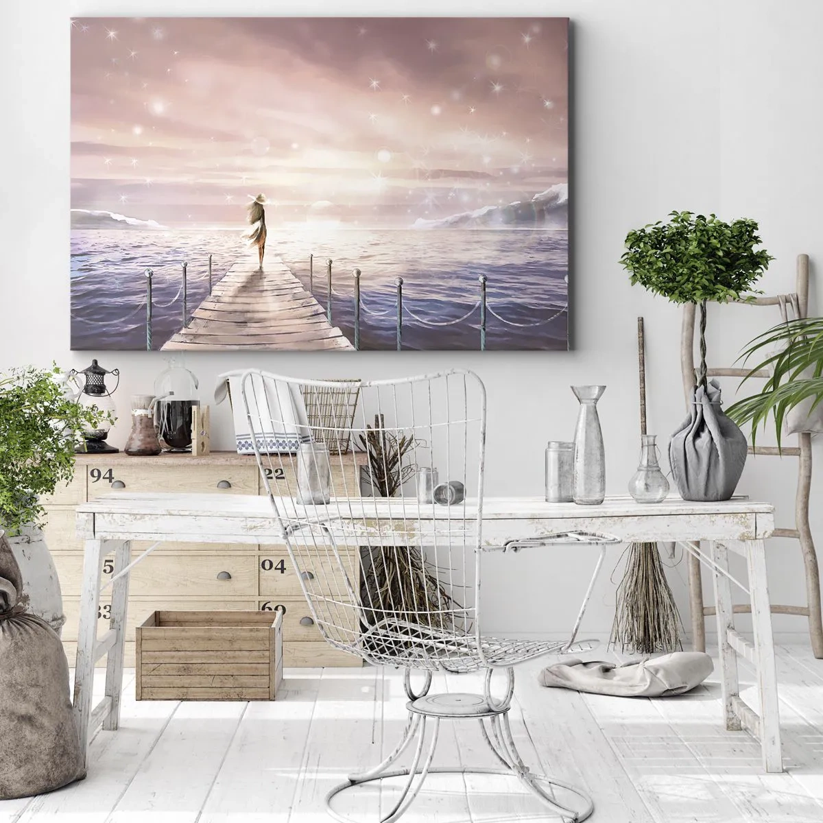 Cuadro sobre lienzo - Impresión de Imagen - Una mujer en un embarcadero en un entorno mágico de puesta de sol. - 120x80cm - A la luz de un sueño - Decoración de pared moderna para salón y dormitorio ARTTOR