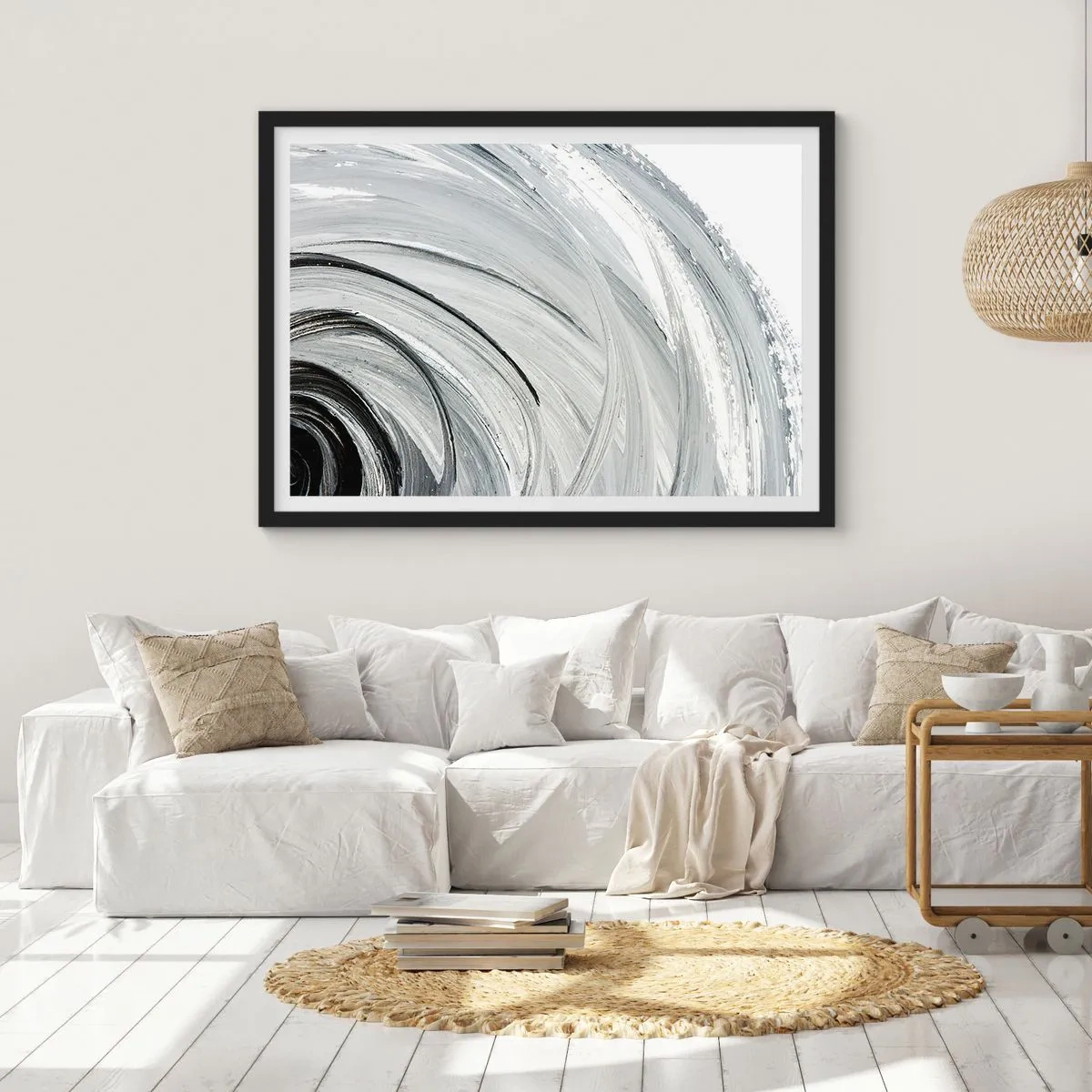 Póster en marco negro - Un remolino monocromático en tonos de gris y negro. - 70x50cm - Composición orbital - Decoración de pared moderna para salón y dormitorio ARTTOR