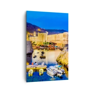 Cuadro sobre lienzo - Impresión de Imagen - Un puerto pintoresco de noche con edificios iluminados. - 80x120cm - Noche iluminada sobre el mar Adriático - Decoración de pared moderna para salón y dormitorio ARTTOR