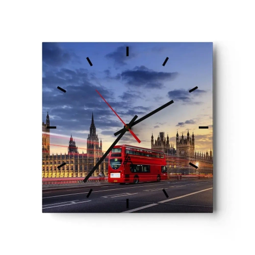 Reloj de pared - Reloj de vidrio - Un autobús rojo con el Big Ben y las Casas del Parlamento al fondo al anochecer. - 30x30cm - Lo más característico - Decoración de pared moderna para salón y dormitorio ARTTOR