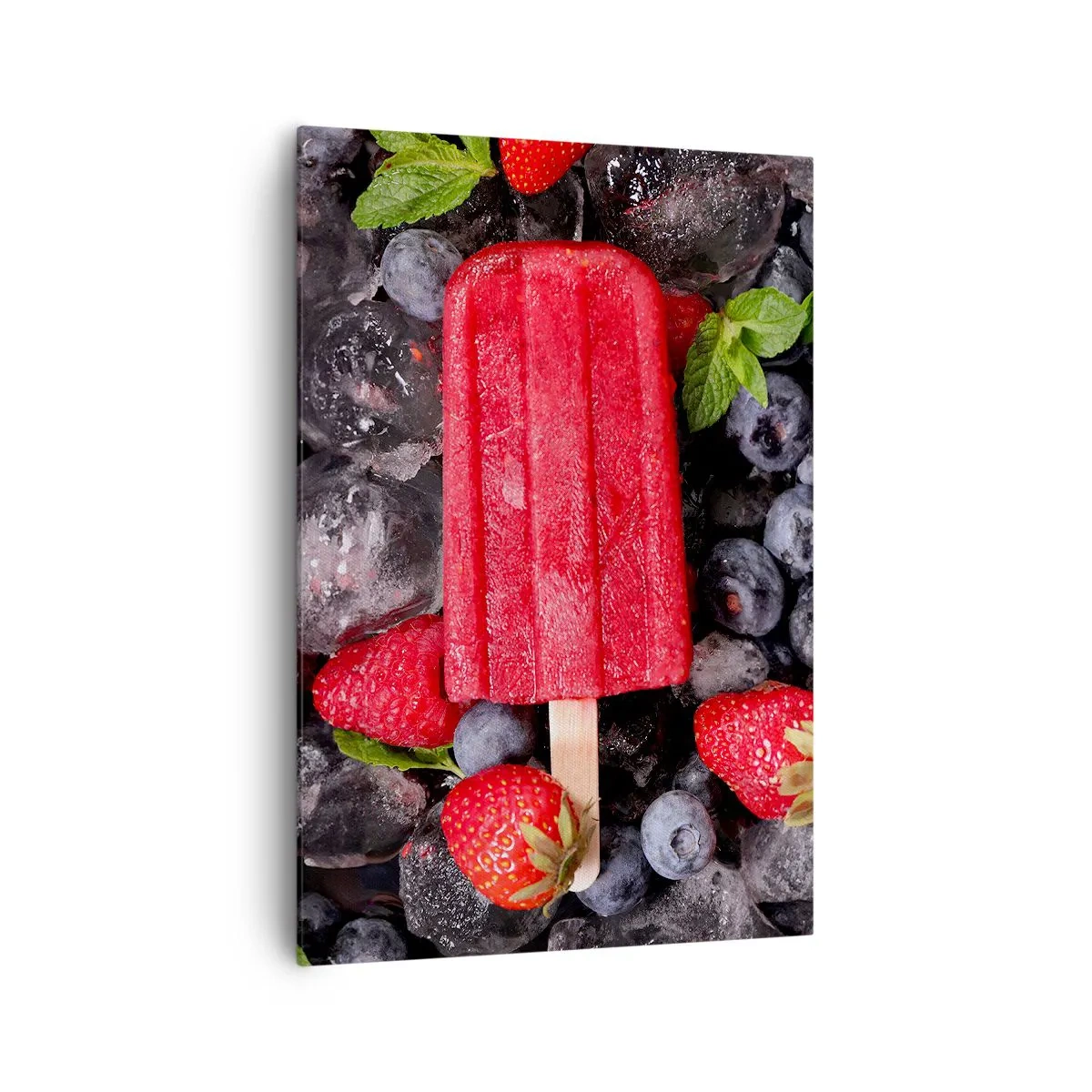 Cuadro sobre lienzo - Impresión de Imagen - Paleta roja rodeada de fruta y hielo. - 70x100cm - El sabor del verano caluroso - Decoración de pared moderna para salón y dormitorio ARTTOR