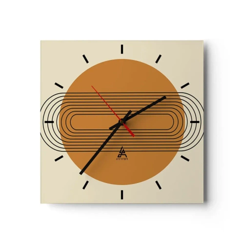Reloj de pared - Reloj de vidrio - Patrón geométrico con círculos y líneas naranjas. - 30x30cm - El plan perfecto - Decoración de pared moderna para salón y dormitorio ARTTOR