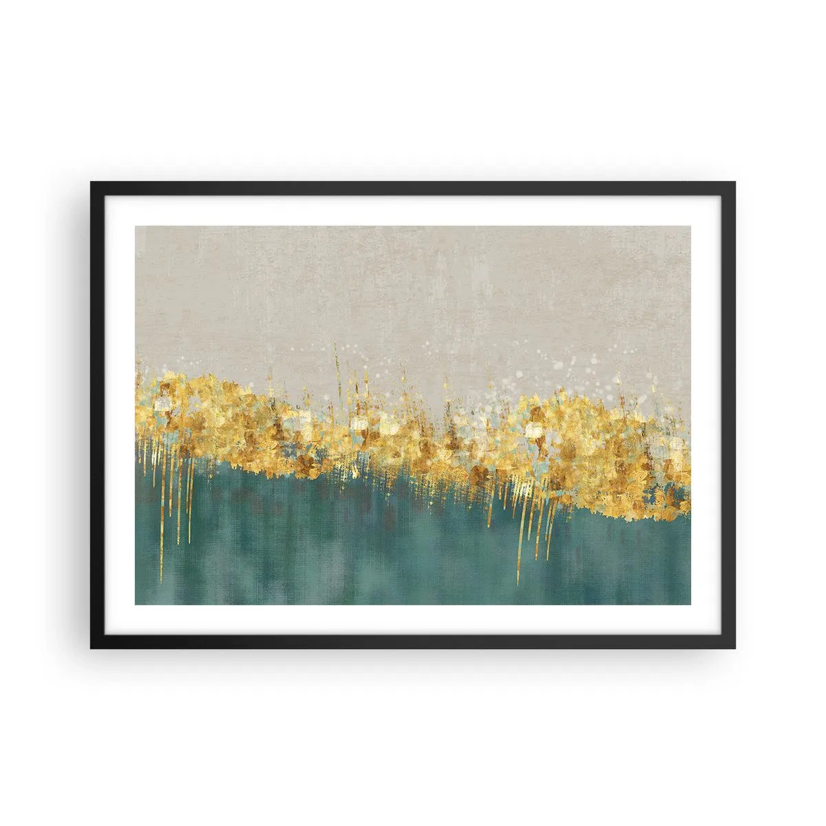 Póster en marco negro - Acentos dorados sobre un fondo verde-beige. - 70x50cm - La frontera dorada - Decoración de pared moderna para salón y dormitorio ARTTOR