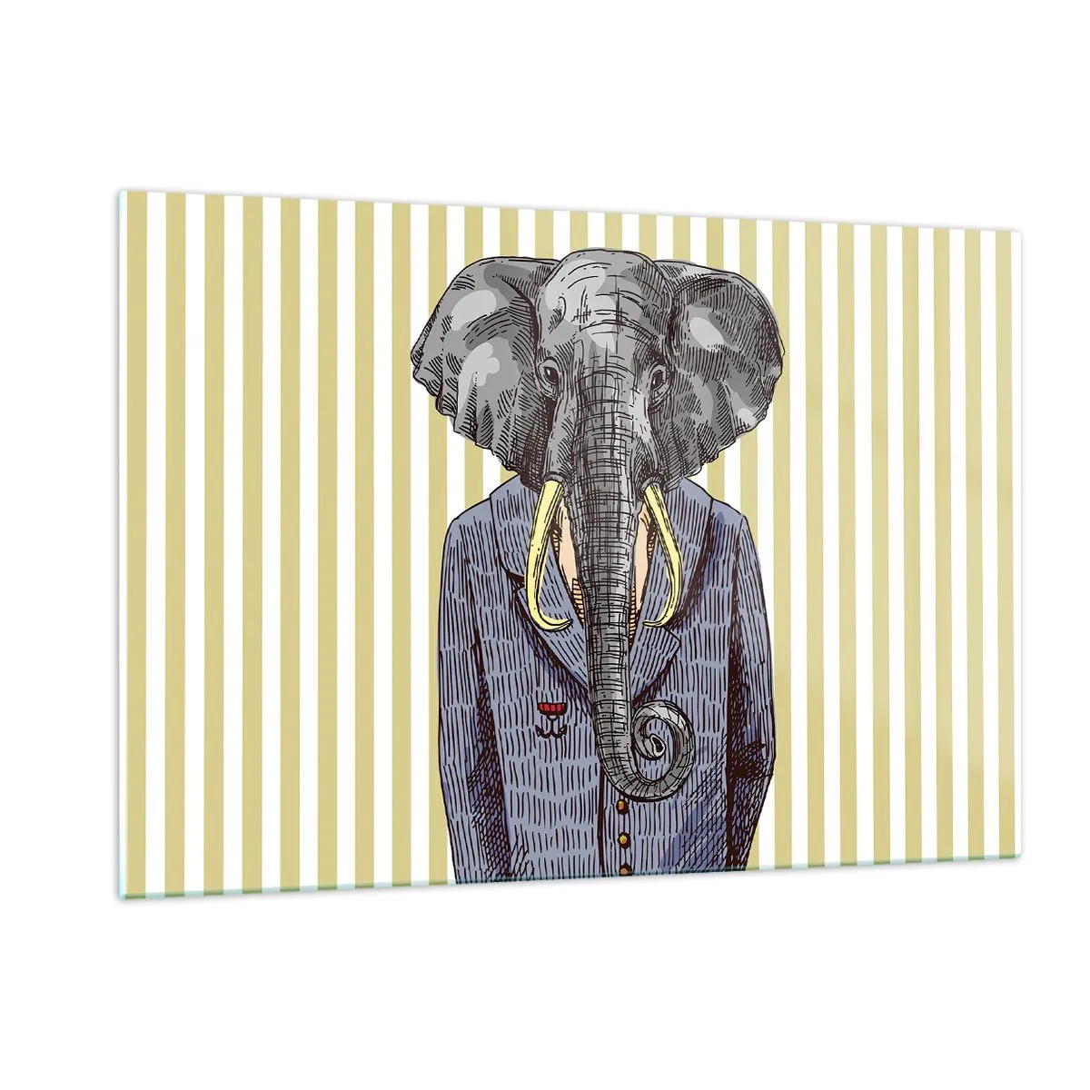 Cuadro sobre vidrio - Impresiones sobre Vidrio - Un elefante con traje sobre un fondo de rayas amarillas. - 120x80cm - Elegante por naturaleza - Decoración de pared moderna para salón y dormitorio ARTTOR
